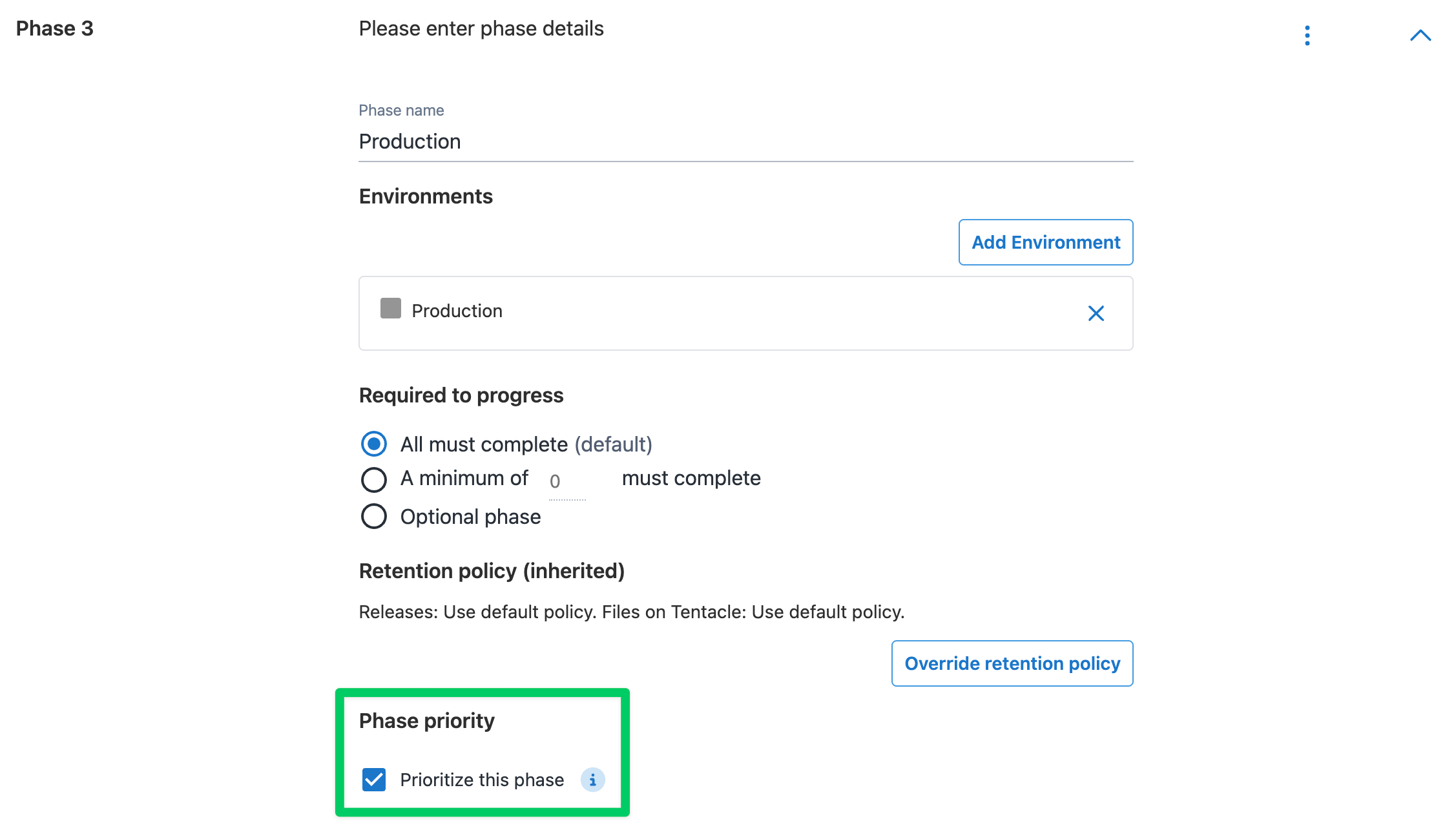Lifecycle configuration page showing the selected 'Prioritize this phase' checkbox.