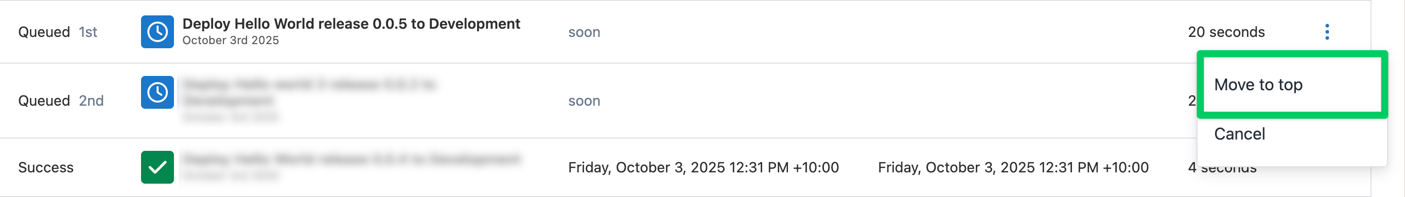 Tasks page showing the 'Move to Top' button in a task's overflow menu.