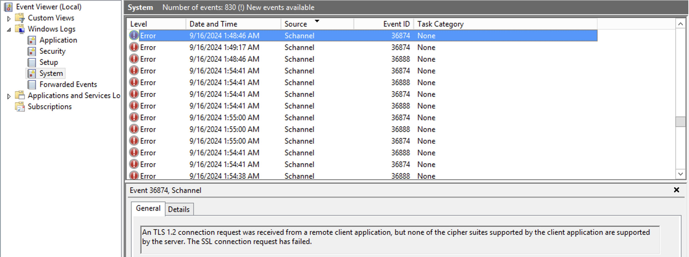 Windows Event Viewer Schannel Error