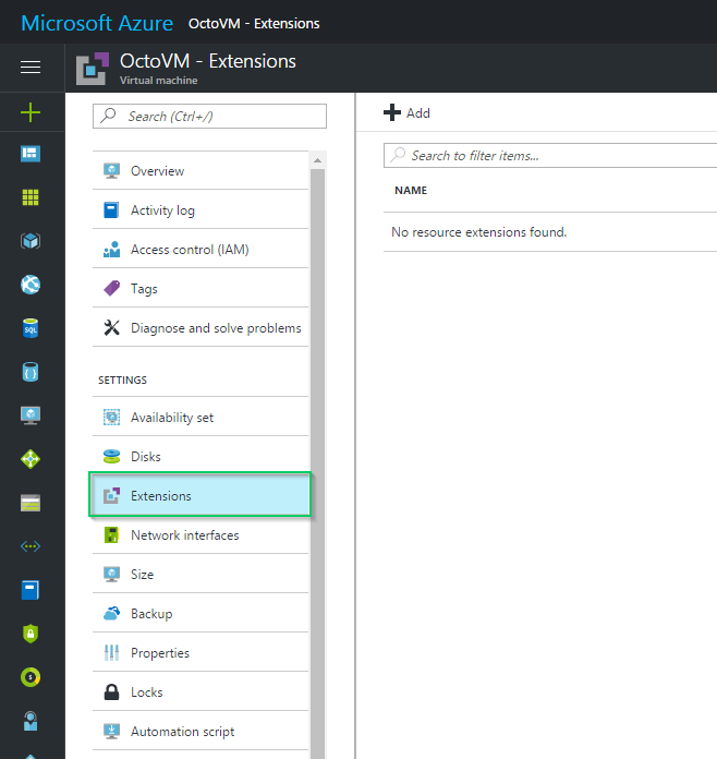 Azure VM Properties - Extensions Tab