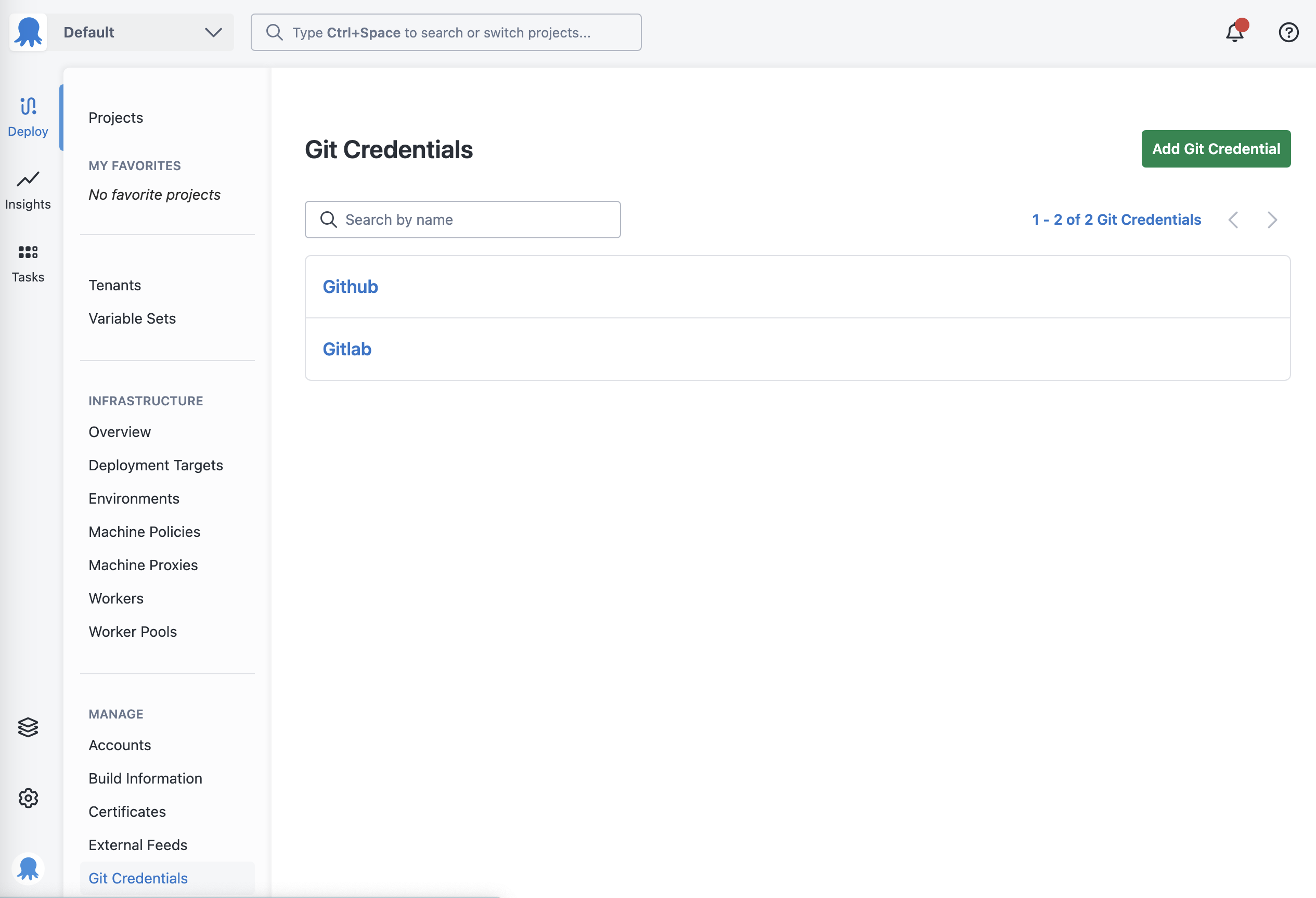 The Git credentials area of Octopus Deploy