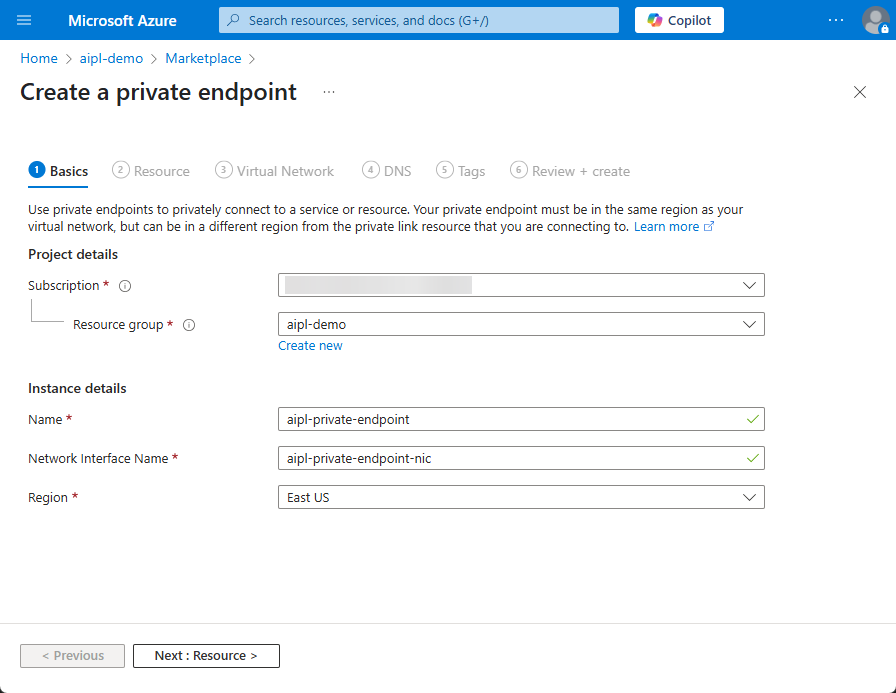 An example of how to fill in the basics tab while creating a private endpoint in the Azure Portal
