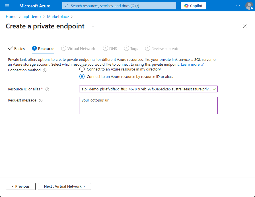 An example of how to fill in the resource tab while creating a private endpoint in the Azure Portal
