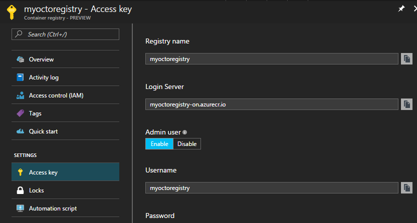 Azure Container Services Access Key blade