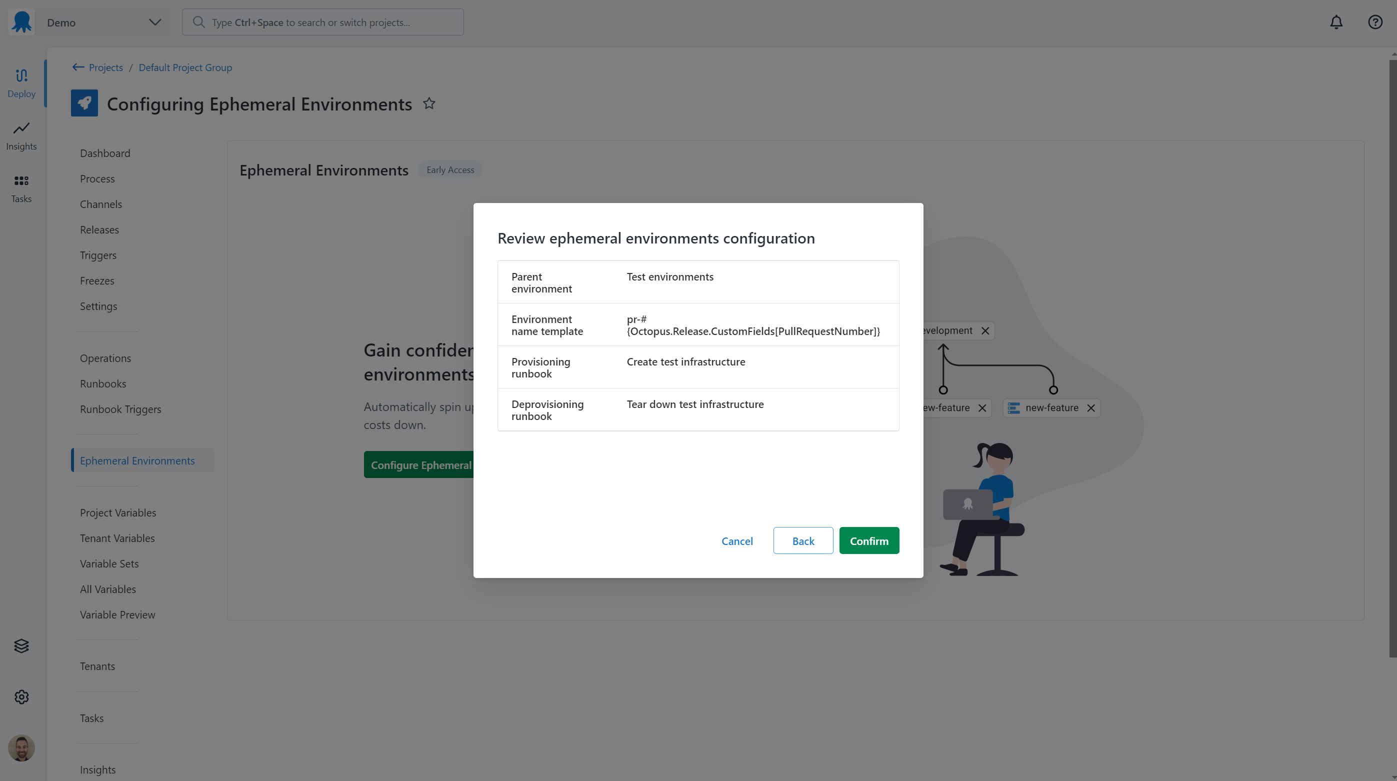 Confirming the configuration of ephemeral environments for a project