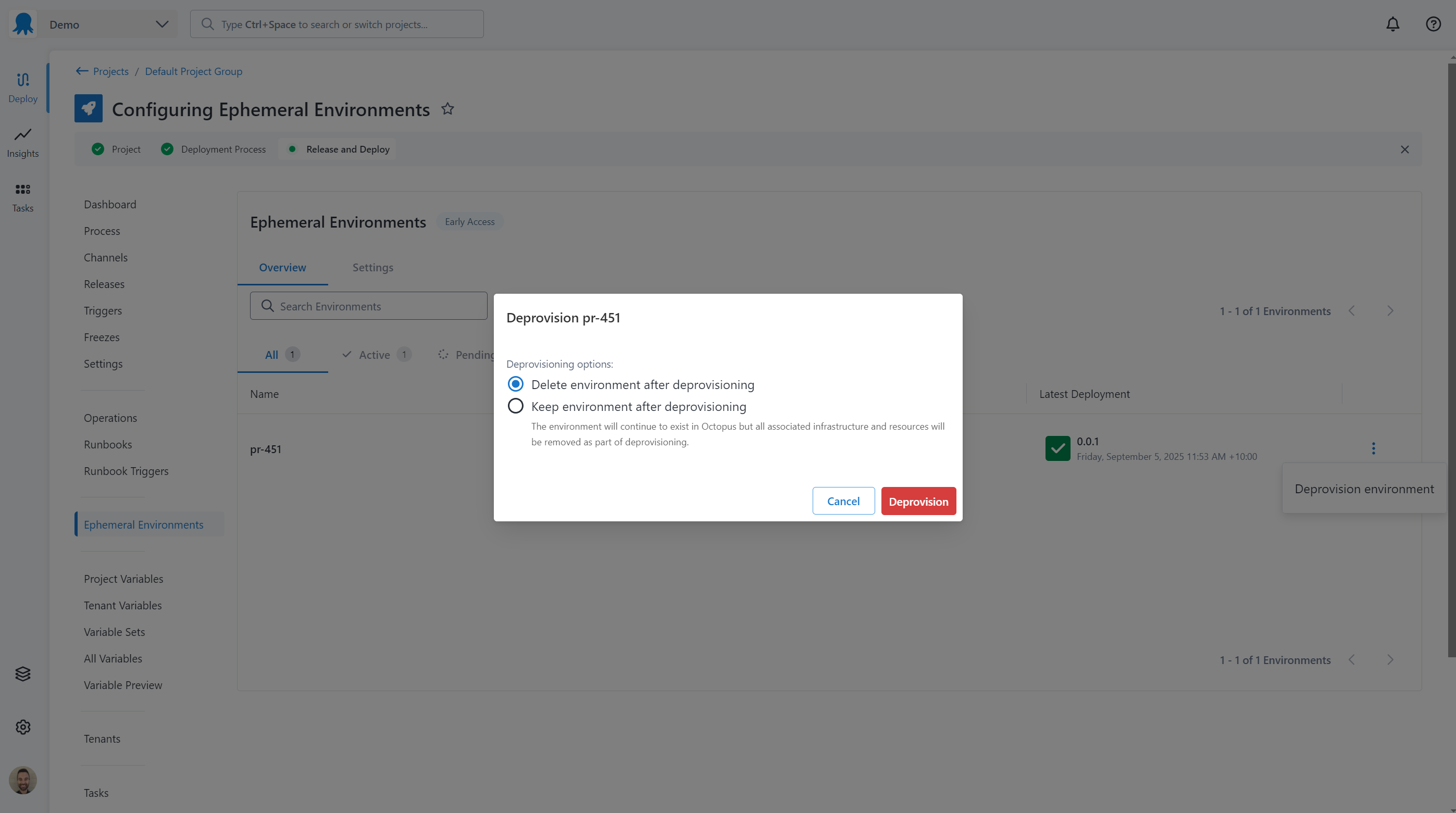 Deprovisioning an ephemeral environments from within a project