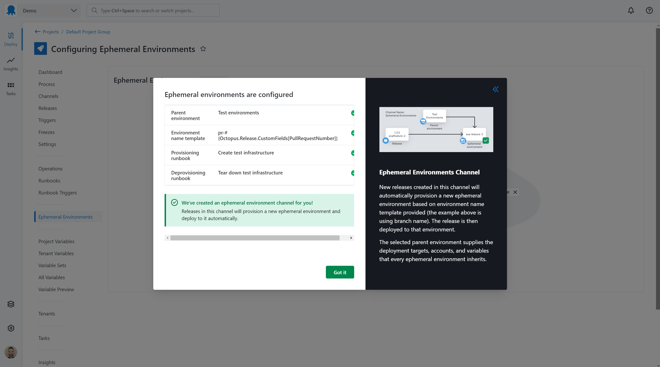 Ephemeral environments successfully configured for a project