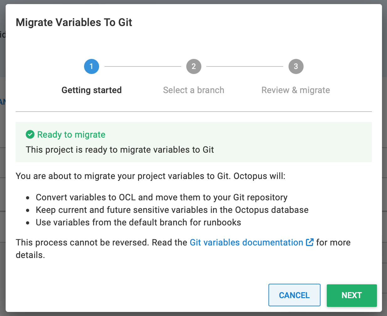 Screenshot of page 1 (getting started) on Git variables migration wizard