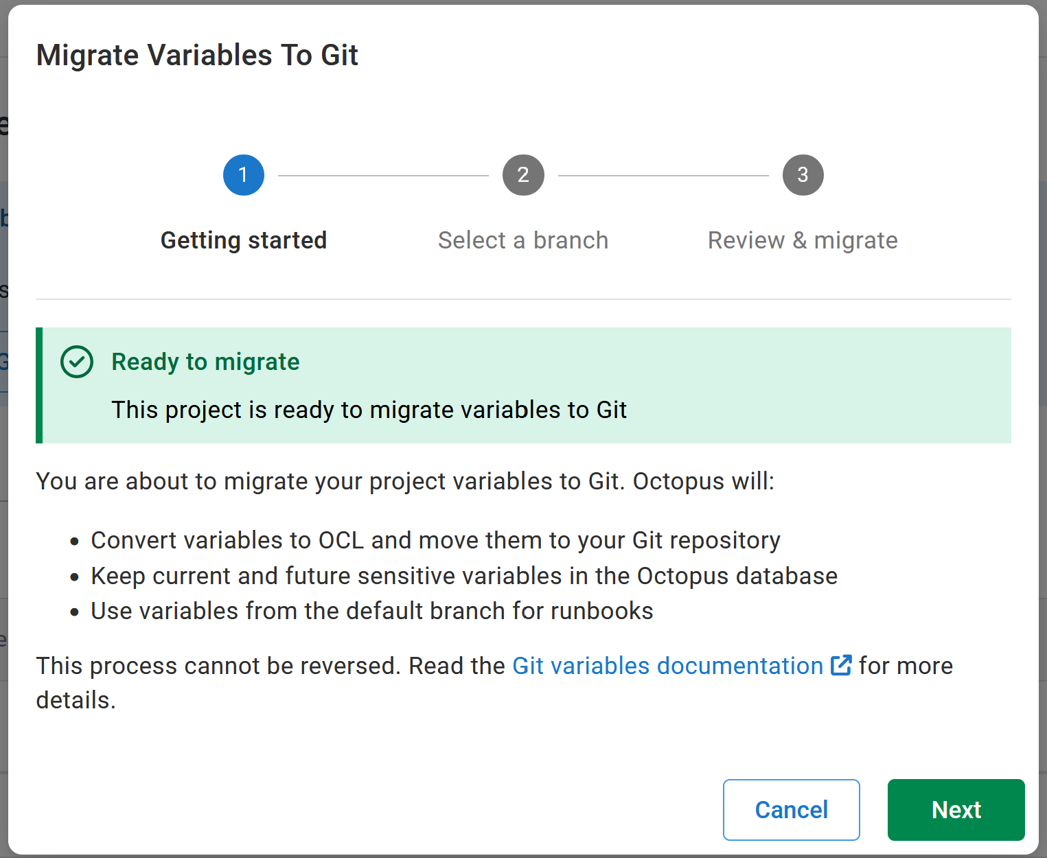 Screenshot of page 1 (getting started) on Git variables migration wizard