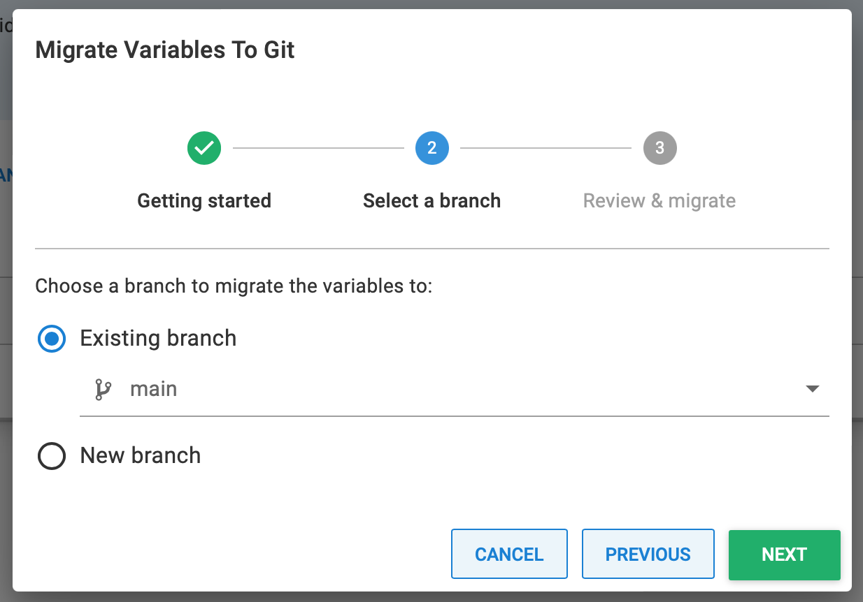 Screenshot of page 2 (branch selection) on Git variables migration wizard, with existing branch 'main' selected