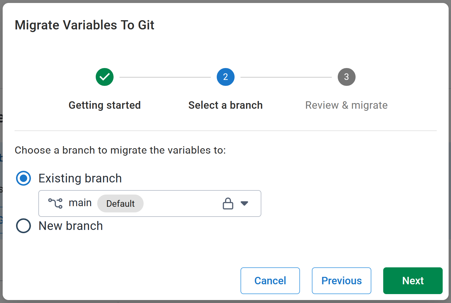 Screenshot of page 2 (branch selection) on Git variables migration wizard, with existing branch 'main' selected