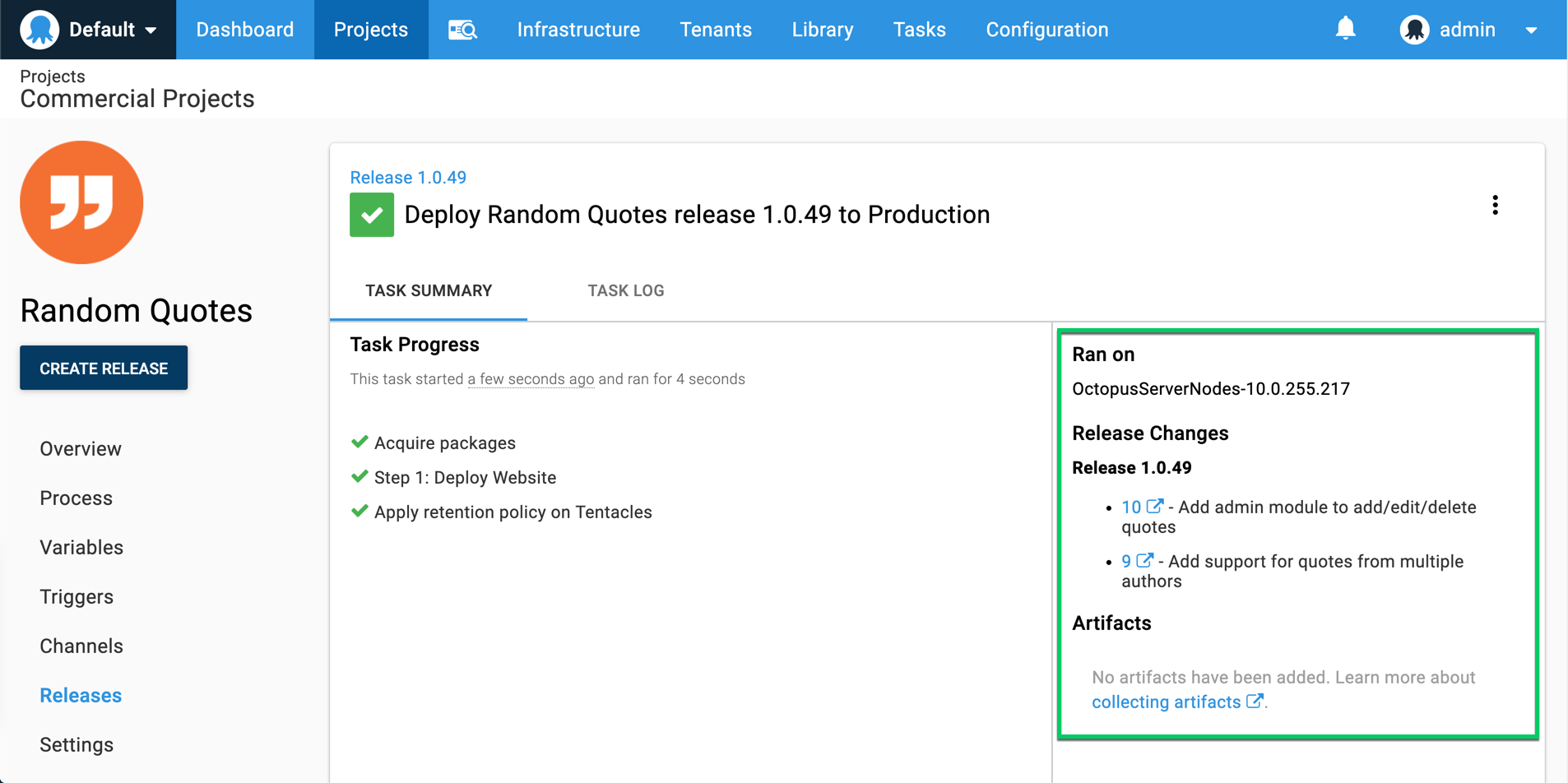 Octopus deployment with generated release notes