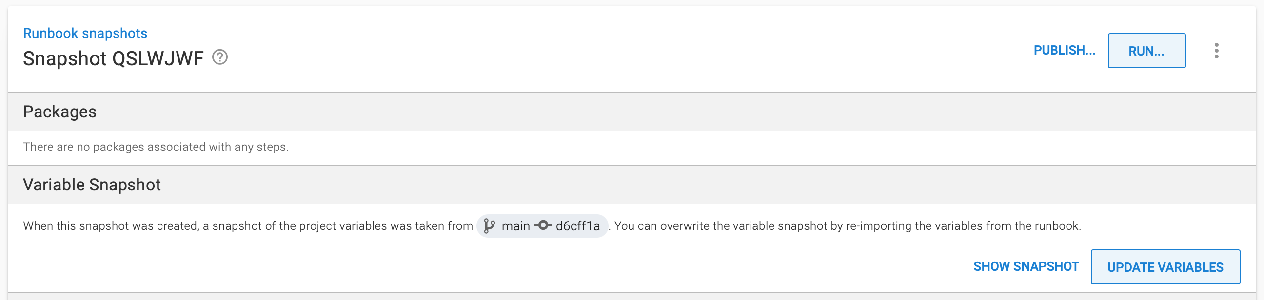 Screenshot of Octopus Runbook snapshot page showing variable snapshot with reference main and commit d6cff1a