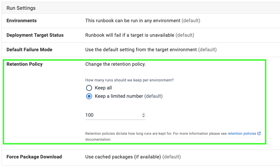 Runbook retention policies