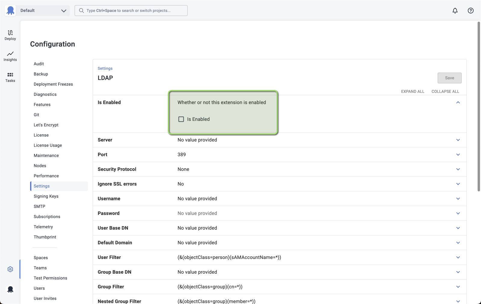 basic configuration for LDAP authentication provider