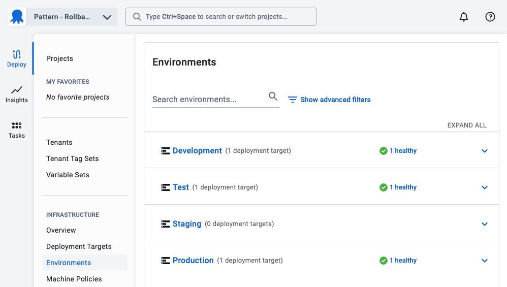 The environments area of Octopus Deploy