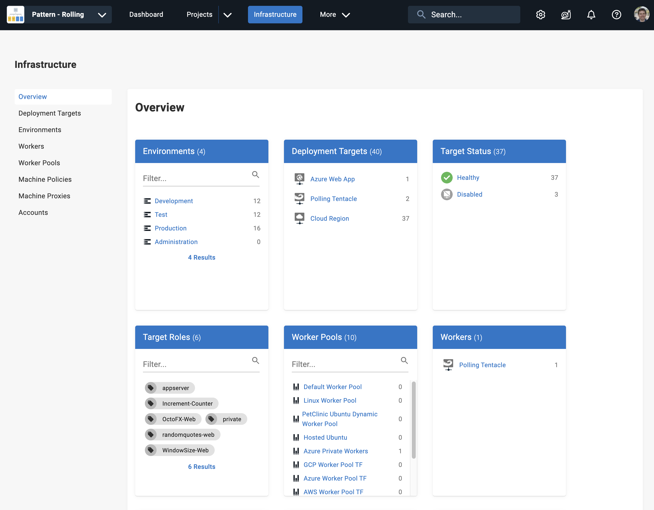 The infrastructure tab of Octopus Deploy