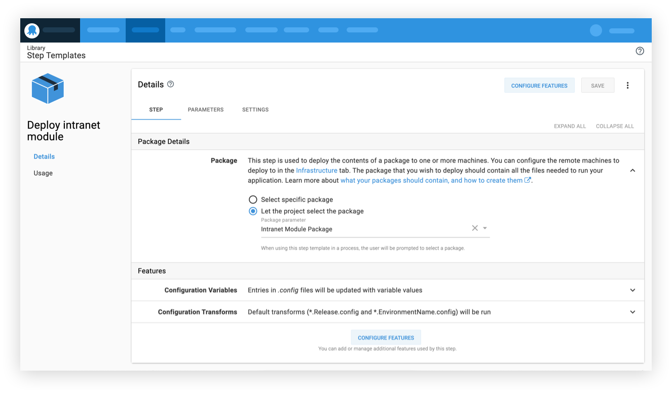 Step template package parameters